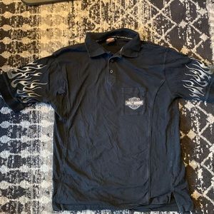 Vintage 2007 collared Harley-Davidson Tee with flame logo sleeve